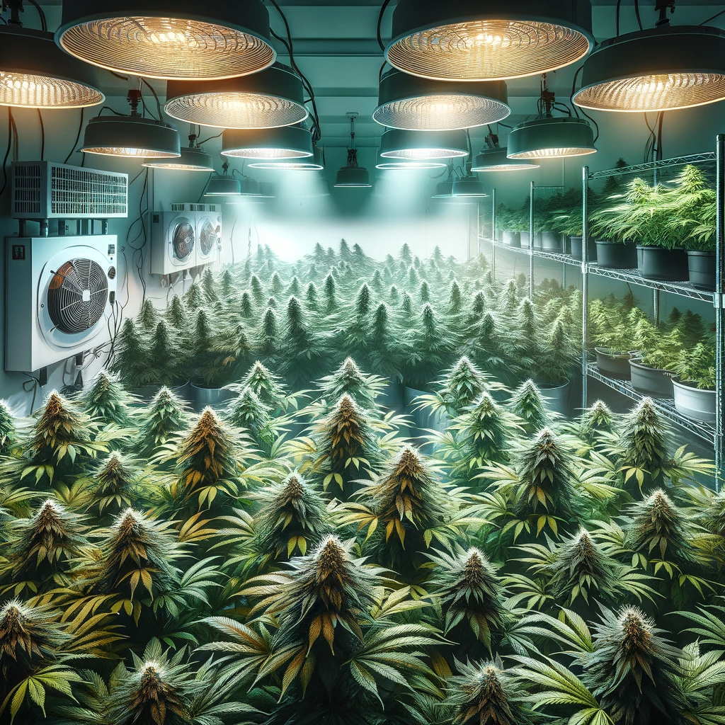 Professionele indoor wietkwekerij met rijen groene cannabisplanten onder kunstlicht, voorzien van ventilatie en humidifiers.