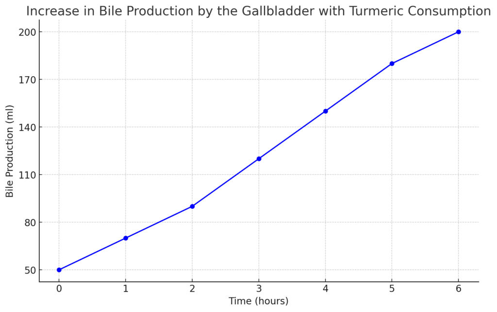 grafiek die de opgaande productie van gal door de galblaas laat zien bij de consumptie van kurkuma. Deze hypothetische grafiek toont de toename van galproductie over een periode van zes uur.